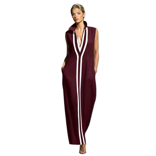 The Isla Contrast Maxi Dress — V-Neck Sleeveless Striped Maxi