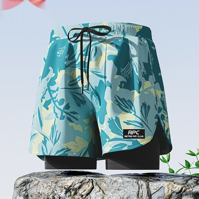 "Men's Double-Layer Five-Point Swim Trunks"