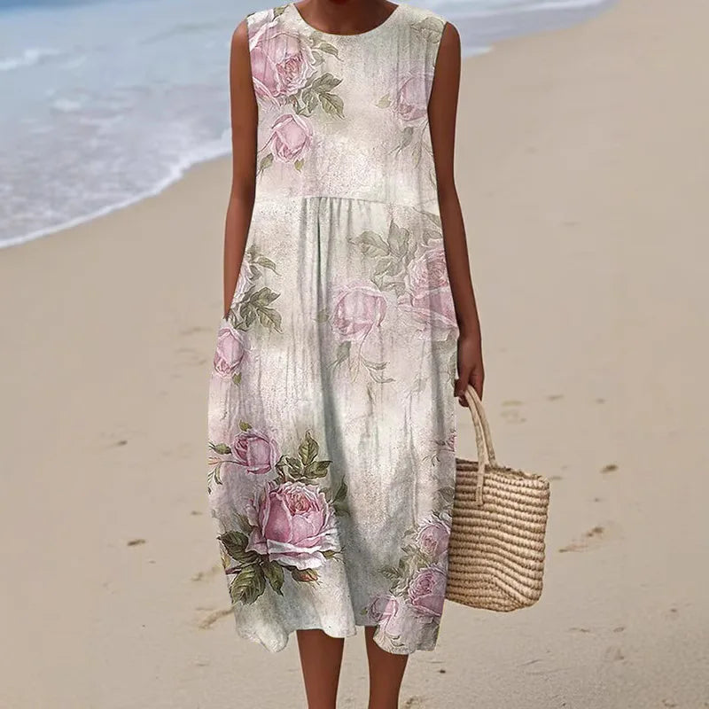 Women’s loose fit summer dress with floral pattern and splice detail