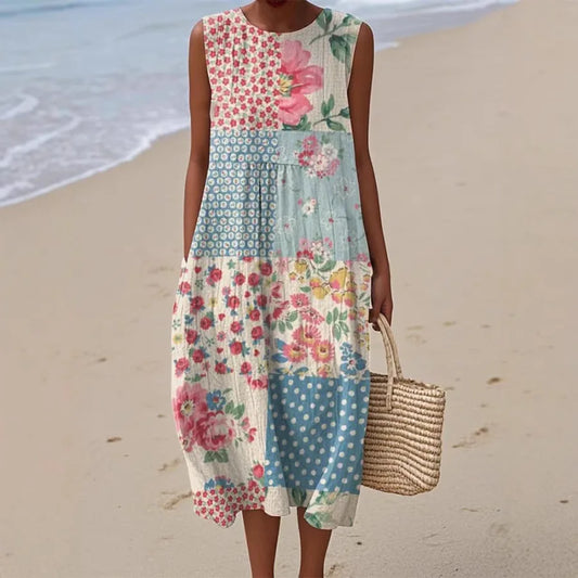 Sleeveless floral long dress with round neck