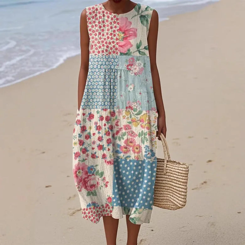 Sleeveless floral long dress with round neck